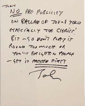 Note from John Lennon to Tony Bramwell, May 1969. Copyright HachetteBookGroup.com.