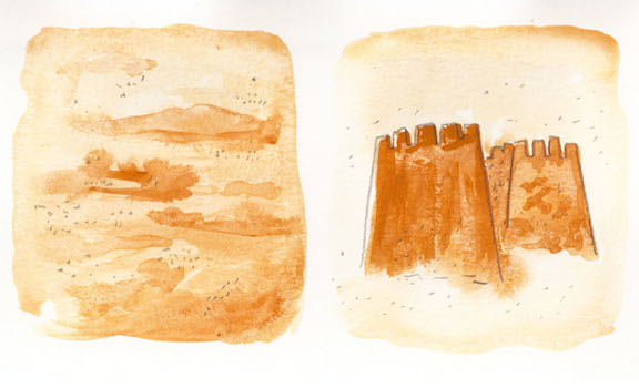 In Trespassing on Einstein's Lawn, Samantha Gefter suggests that the universe is simply a redefining of the boundaries of a nothingness that has always been there, like sand castles emerging from an expanse of beach. Illustration by Nathan Gelgud, 2014.
