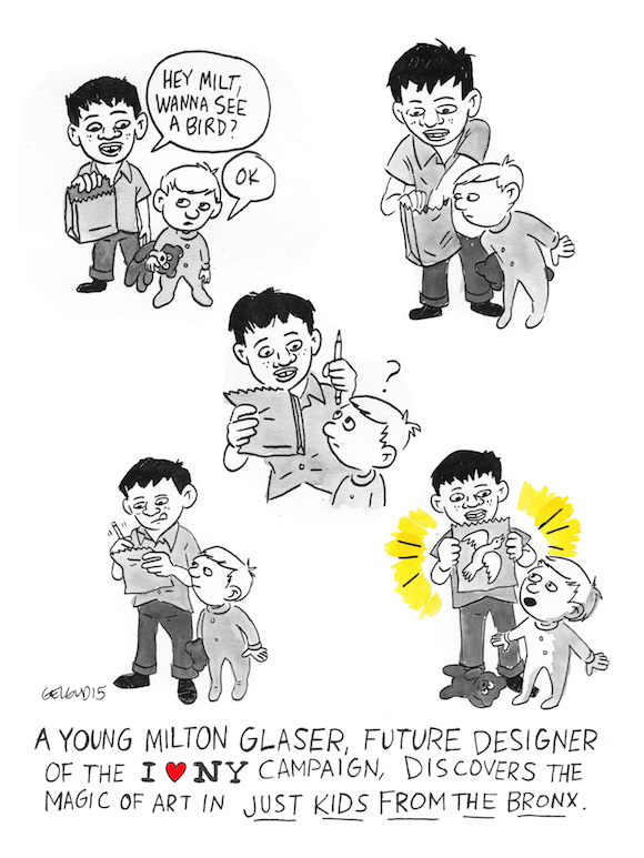 Nathan Gelgud comic inspired by Milton Glaser's story in Arlene Alda's 'Just Kids from the Bronx,' 2015.