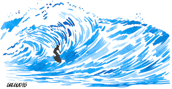 Nathan Gelgud illustration inspired by William Finnegan's surf memoir, 'Barbarian Days,' 2015.